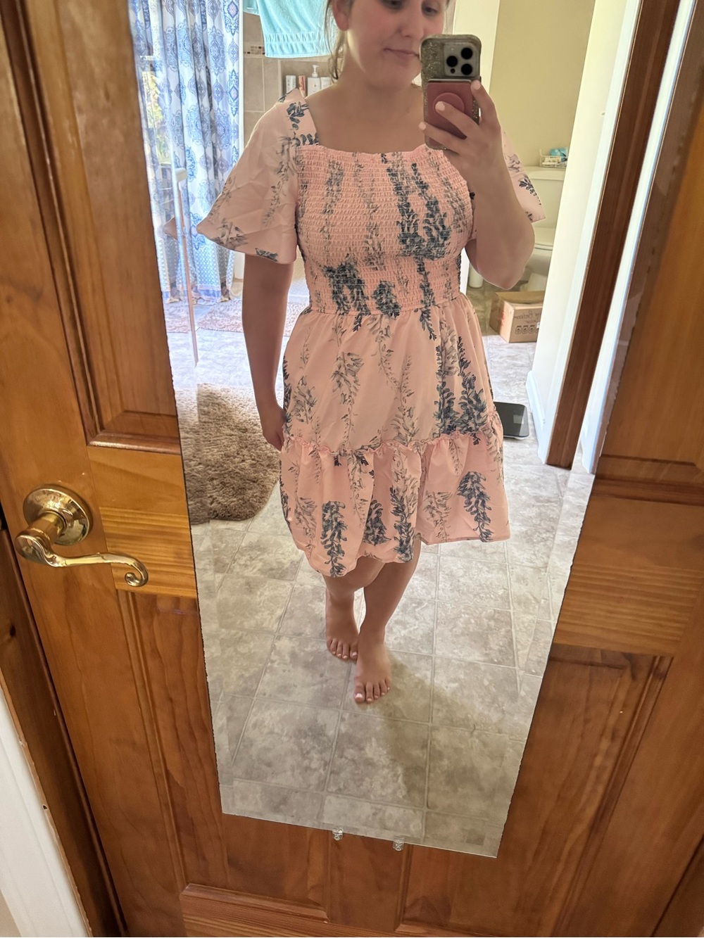SHEIN Pink Floral Smocked Tiered Midi Dress